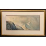 J Campbell Striding Edge From Helvellyn signed, watercolour, 23cm x 52cm.