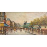 French School, mid 20th century, Parisian Street with figures after rain, signed, oil on canvas,