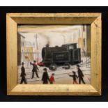 In the manner of L. S. Lowry, 'The Steam Engine', oil on board, 13.5cm x 16cm.