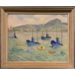 Claverie (French naïve school), 'Tarbes Hendaye - Les Trois Bateaux Bleu, signed, exhibition label