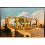 Continental school, 'Ruins, Mediterranean Coast', indistinctly signed, oil on canvas, 54cm x 81cm.