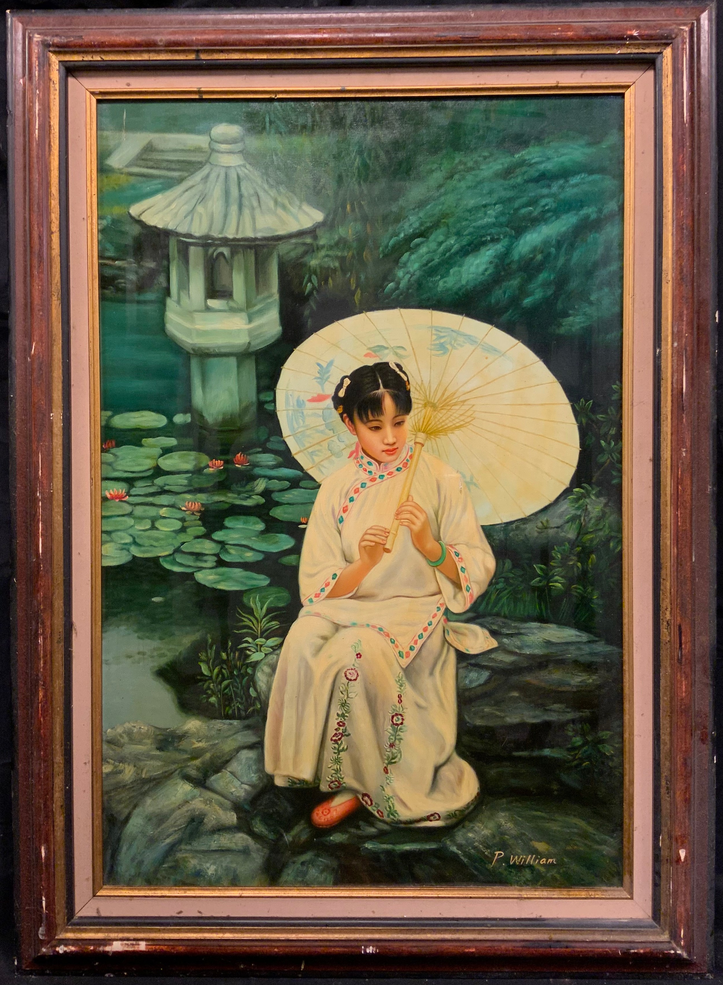 P. William, 'In the Water Garden - Portrait of a Lady', signed, oil on canvas, 90cm x 60cm.