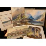 A folio of watercolours, cathedral interior, Italian Harbour, Still Life; Rocky River; others