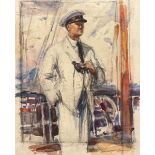 English School (20th century) HRH Duke of Edinburgh Aboard the Royal Yacht watercolour, 19cm x 16cm