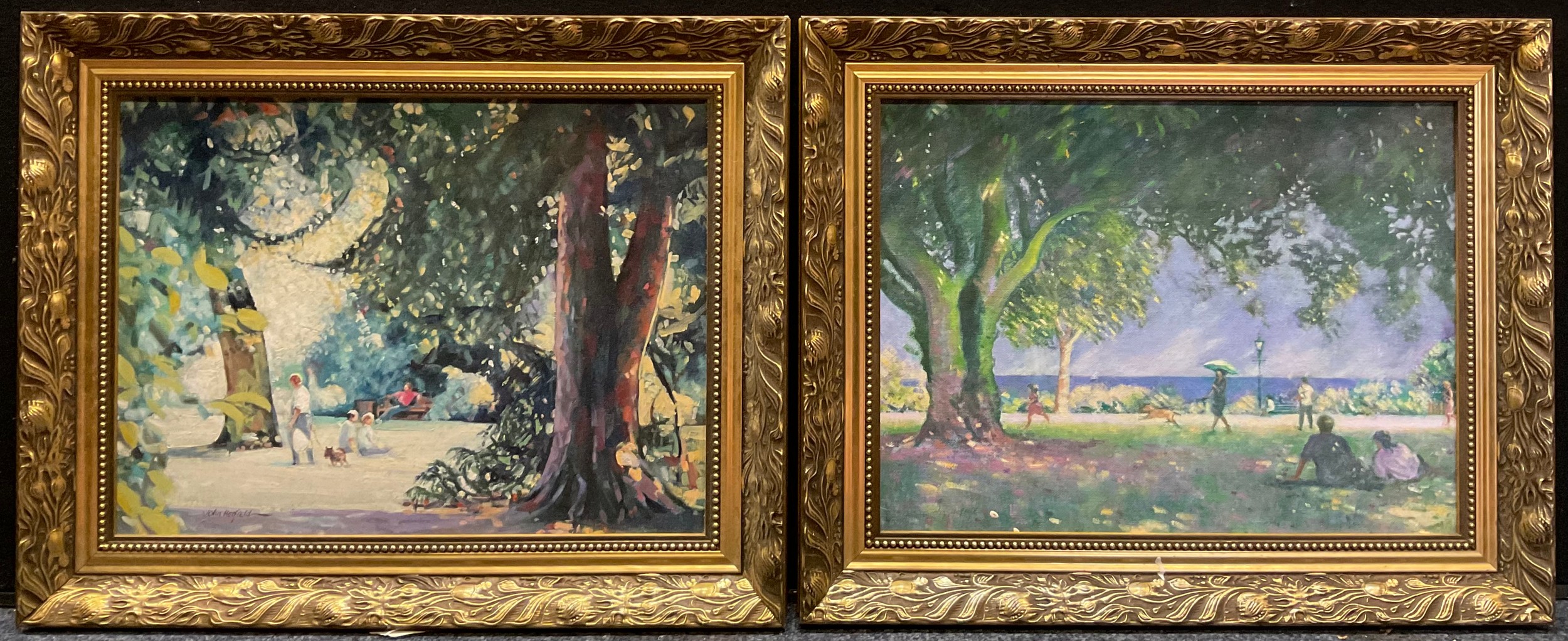 John Hatfield (second-half, 20th century) A pair, Summer in the Park signed, oil on boards, each