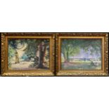 John Hatfield (second-half, 20th century) A pair, Summer in the Park signed, oil on boards, each