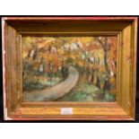 Impressionist school, (mid 20th century), A Track through the Autumn Beeches, oil on canvas, 24cm