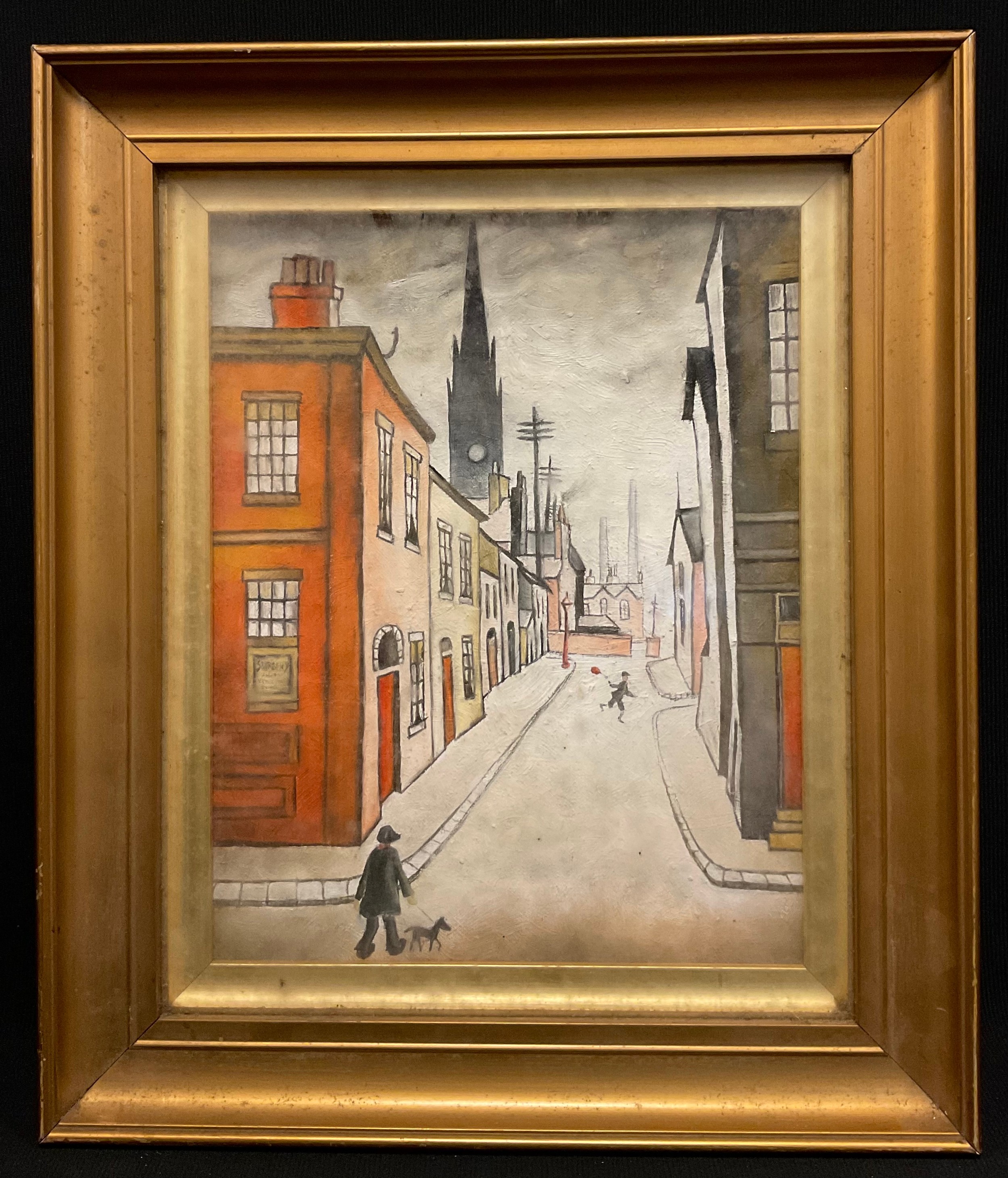 Manner of L. S. Lowry, 'Boy with a red balloon', oil on canvas, 25.5cm x 20.5cm.