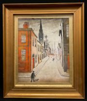 Manner of L. S. Lowry, 'Boy with a red balloon', oil on canvas, 25.5cm x 20.5cm.