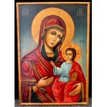 A 20th century Icon, Madonna & Child, in tones of red, blue and gilt, oil on wood panel, 76cm x 52cm