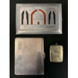 A silver cigarette case, engine turned, 140g; a plated vestal a chrome cigarette case