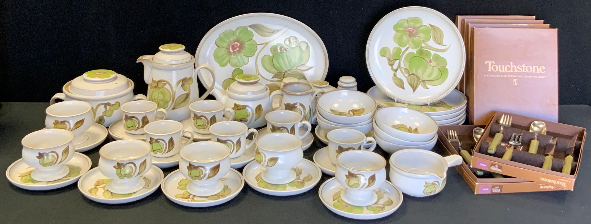 A Denby Troupador pattern dinner and tea service, for six, comprising dinner, dessert and side