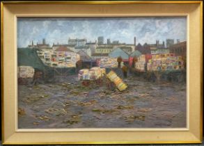 John Carpenter Market Day, Off-loading crates' signed, dated 1967, oil on canvas, 61cm x 92cm.