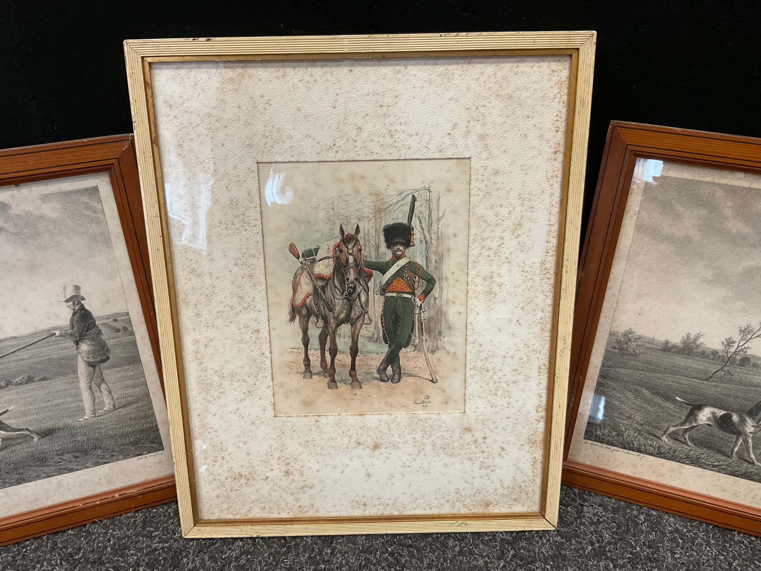 Pictures and prints - 19th century French engravings - a part set of three hunting related prints; a - Image 4 of 4