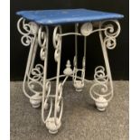 An early 20th century wrought iron table base, with later painted, shaped rectangular top, 64.5cm