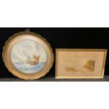 J Hill, Sails aloft along the Coast, signed, circular watercolour, 50.5cm diameter; English