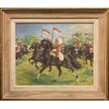 Helen Collins (1921 - 1990) Musical Ride signed, label to verso, oil on board, 38cm x 48cm
