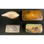 Snuff boxes - a 19ct century pewter and cowry shell snuff box; others papier machete Gratis;