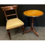 A 19th century mahogany carved bar back dining chair, carved reeded fore legs, stuffed over seat; an