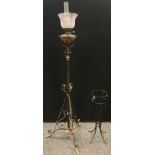 A Victorian wrought iron and copper oil-burner standard lamp, with Joseph Hinks duplex no.2