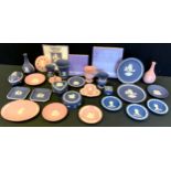Wedgwood - pink and blue Jasperware trinket box and cover, vases, plates, trinket dishes, pill box