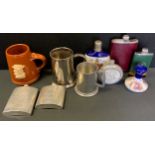 A studio pottery masonic tankard, East Lodge 2000, Pusser's Rum Hip flask; others pewter, silver