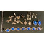 A pair of silver lapis lazuli earrings and bracelet suite, stamped 925, silver charm bracelet etc,