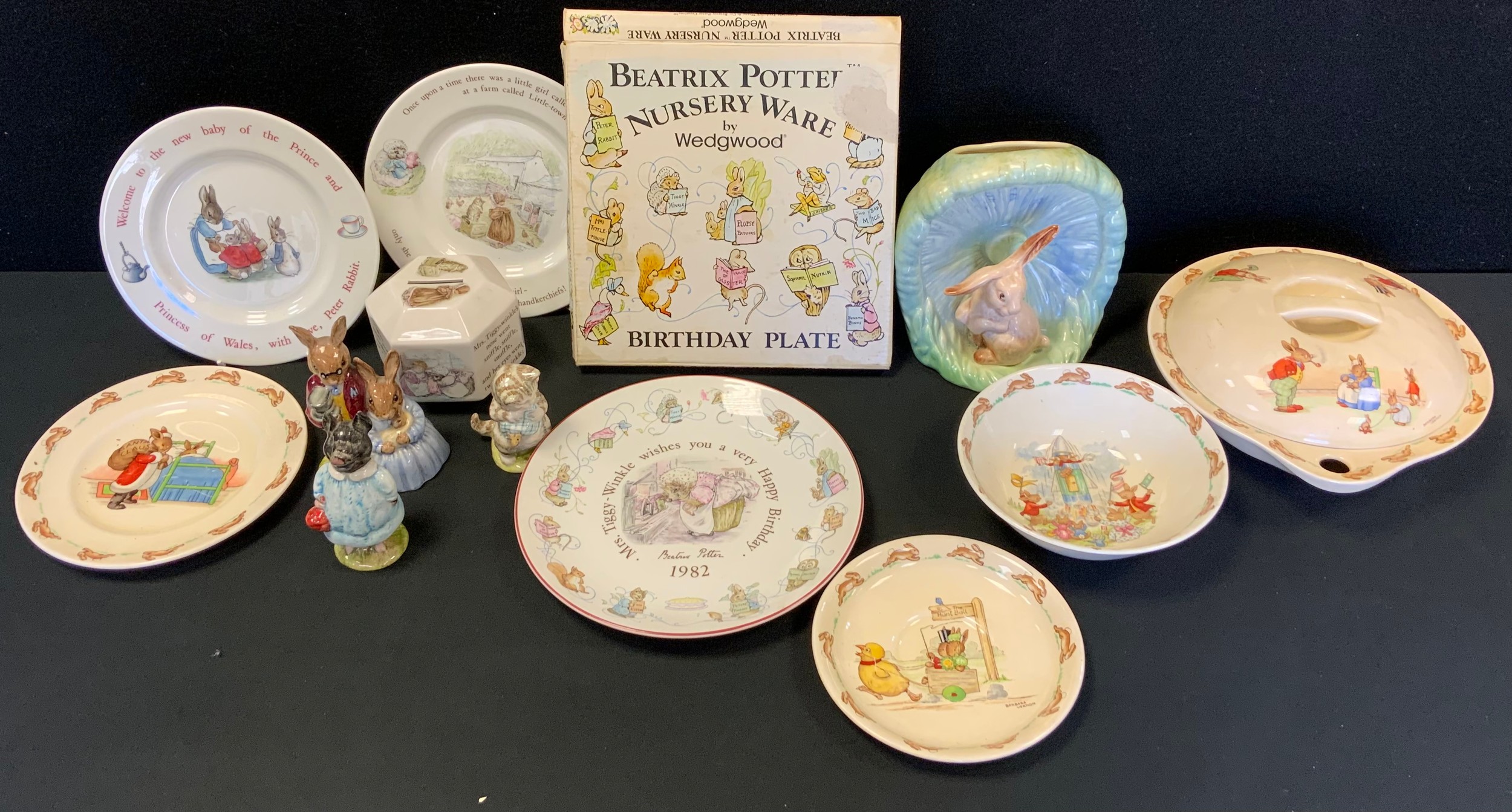 Ceramics - Royal Doulton Bunnykins figures, children's warming plate; bowls, etc; others Wedgwood