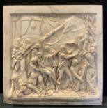 A Bas-relief reconstituted stone wall plaque depicting The Death of Nelson, the bottom plinth