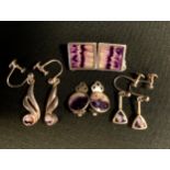 A pair of blue john silver square panel clip-on earrings; others circular, threaded drops etc,