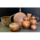 A copper cylindrical saucepan, 19cm dia; a copper Jersey jug; another; a warming pan; etc