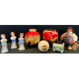 Ceramics - Crestedware football, Douglas; studio pottery figure, Lobster Fisherman, Meadows,