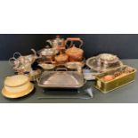 A Walker & Hall silver plated rectangular entree dish and cover; Reliable four piece tea set;