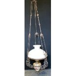 A 19th century Danish light fitting, pottery reservoir, metal fittings, adjustable height fittings