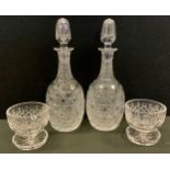 A pair of Royal Brierly crystal hobnail cut glass decanters; pair of grapefruit dishes