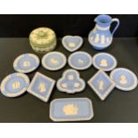 Wedgwood blue Jasperware, cream jug, trinket dishes etc green powder bowl and cover