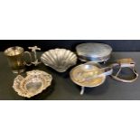 Silver & Plate - a silver shell trinket dish, Sheffield 1900; another; pill box on stand; knife