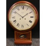 A Comitti mahogany drop case wall clock, 25cm white enamelled dial with Roman numerals, twin winding