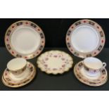 A pair of Royal Crown Derby Derby Border pattern trios, two side plates, Royal Antoinette wavy rim