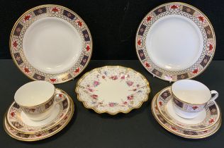 A pair of Royal Crown Derby Derby Border pattern trios, two side plates, Royal Antoinette wavy rim