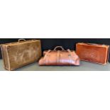 Luggage - a large brown leather Gladstone type holdall, suit case etc (3)