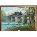 English School (contemporary) Steam Engine and Bridge, oil on canvas, 51cm x 76cm