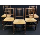 A set of five 19th century oak and elm dining chairs, rush seats (5)