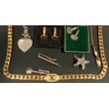 Jewellery - a gentleman's' gold plated heavy link necklace; pair of silver oval panel cufflinks;