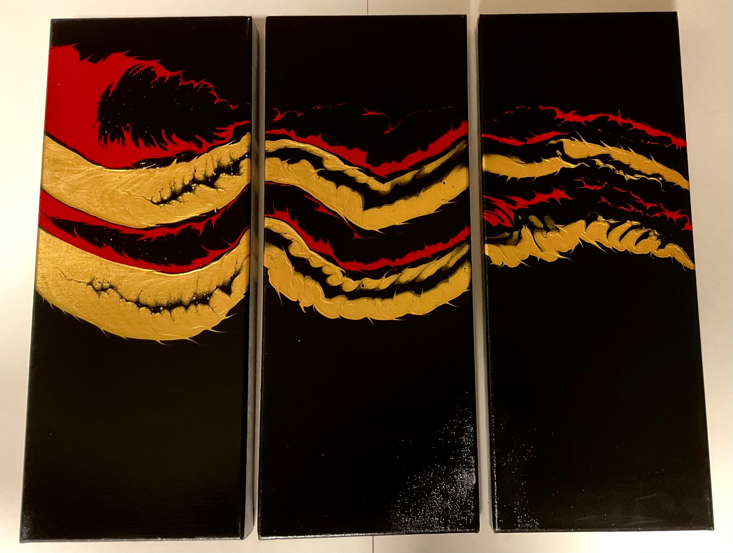 Tim Frost (Modern British school), 'Dragon Trail', Triptych, signed, acrylic on canvas, overall size