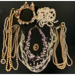Jewellery - a cultured pearl single strand necklace, 925 silver gilt clasp; others, multi-strand