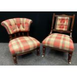 A Victorian button back mahogany nursing chair, stuffed-over seat, turned legs, c. 1880; another