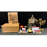 Kingsley pen; cast brass clock; pair of shell case brass receptacles' Chinese chopsticks set;