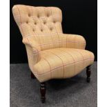 A Victorian style button back side chair, upholstered in chequered cloth, turned mahogany legs NB