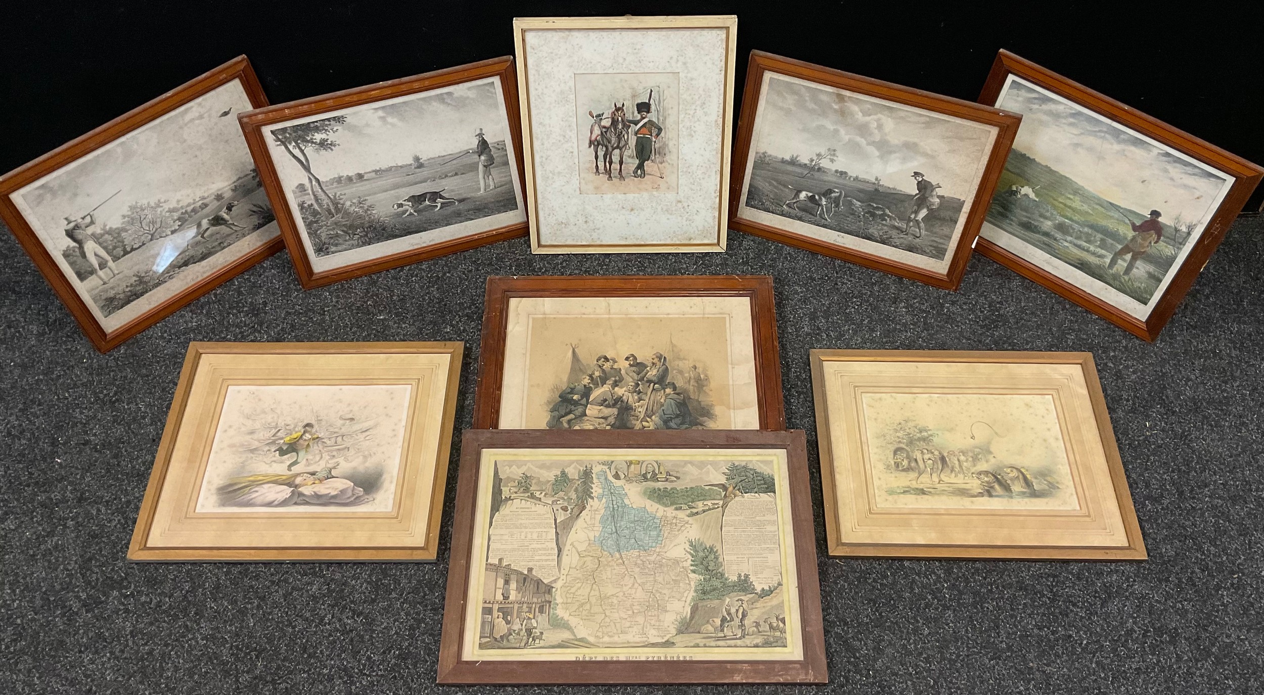 Pictures and prints - 19th century French engravings - a part set of three hunting related prints; a